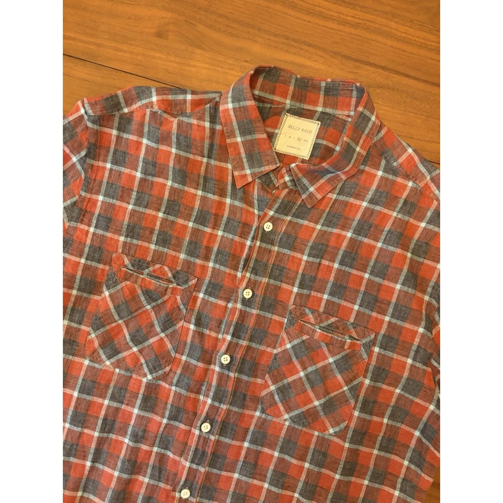 Billy Reid 100% Linen Shirt Mens XL Red Plaid Standard Cut Short Sleeve Italy
